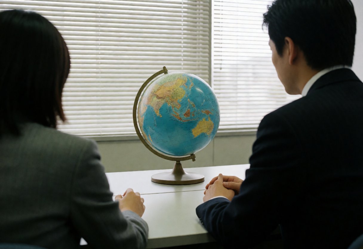 静かなオフィスの Globe と閉じたブラインド