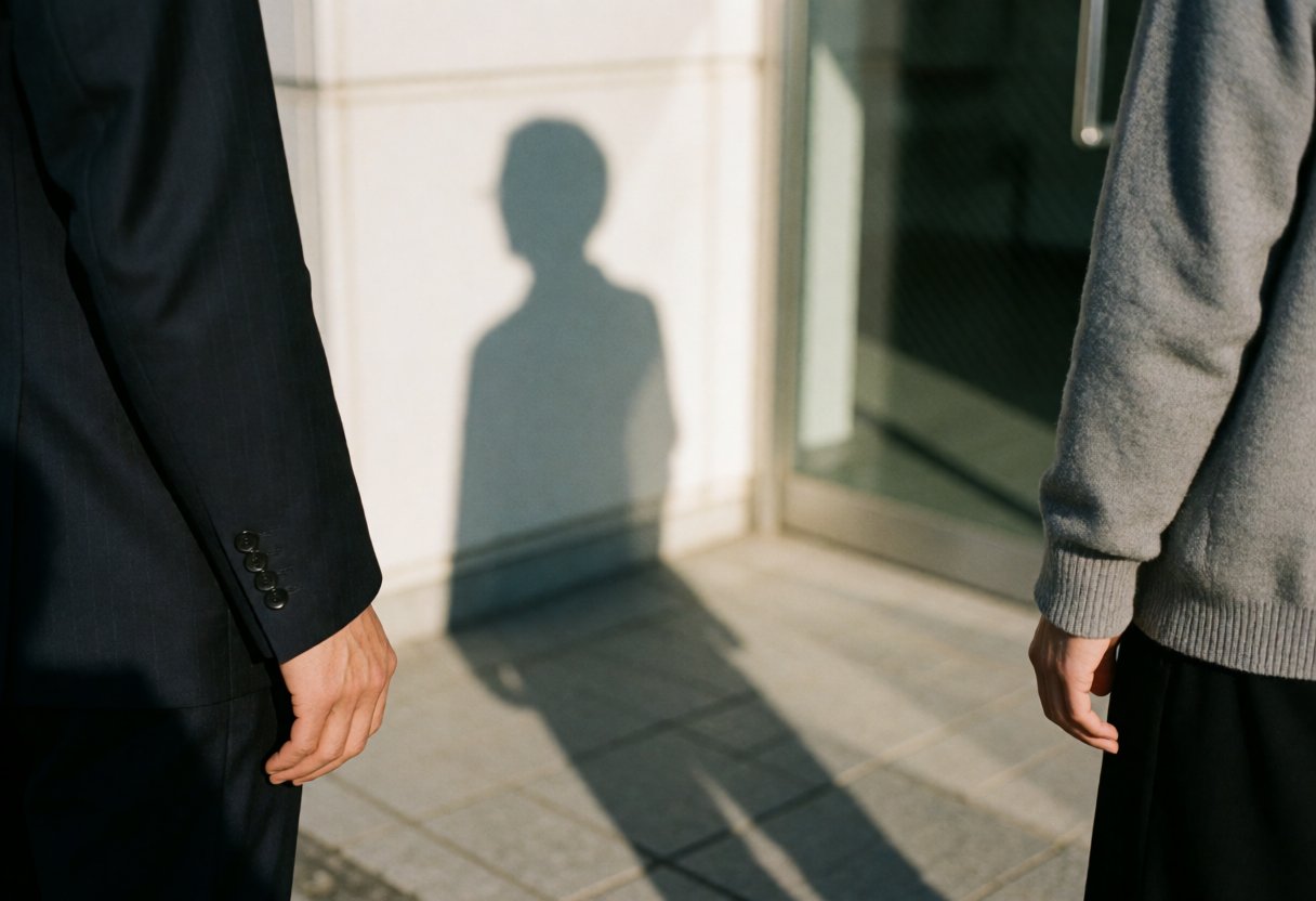 日本の会社の外で長い影