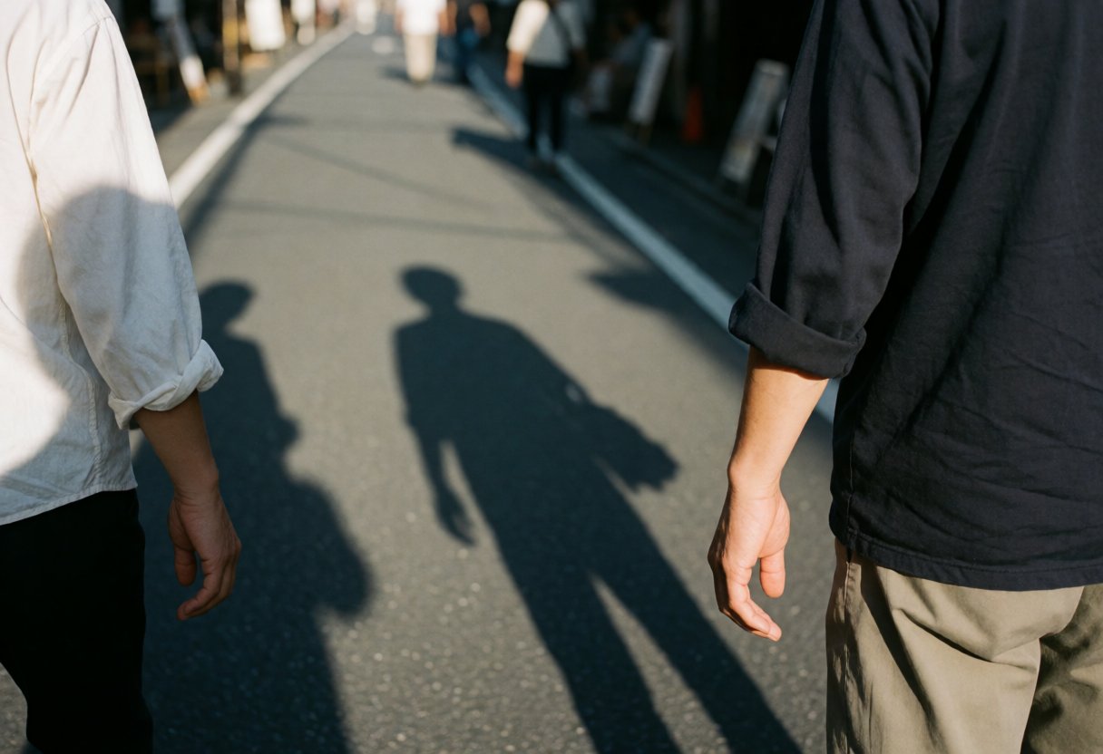 夕日の中、長い影