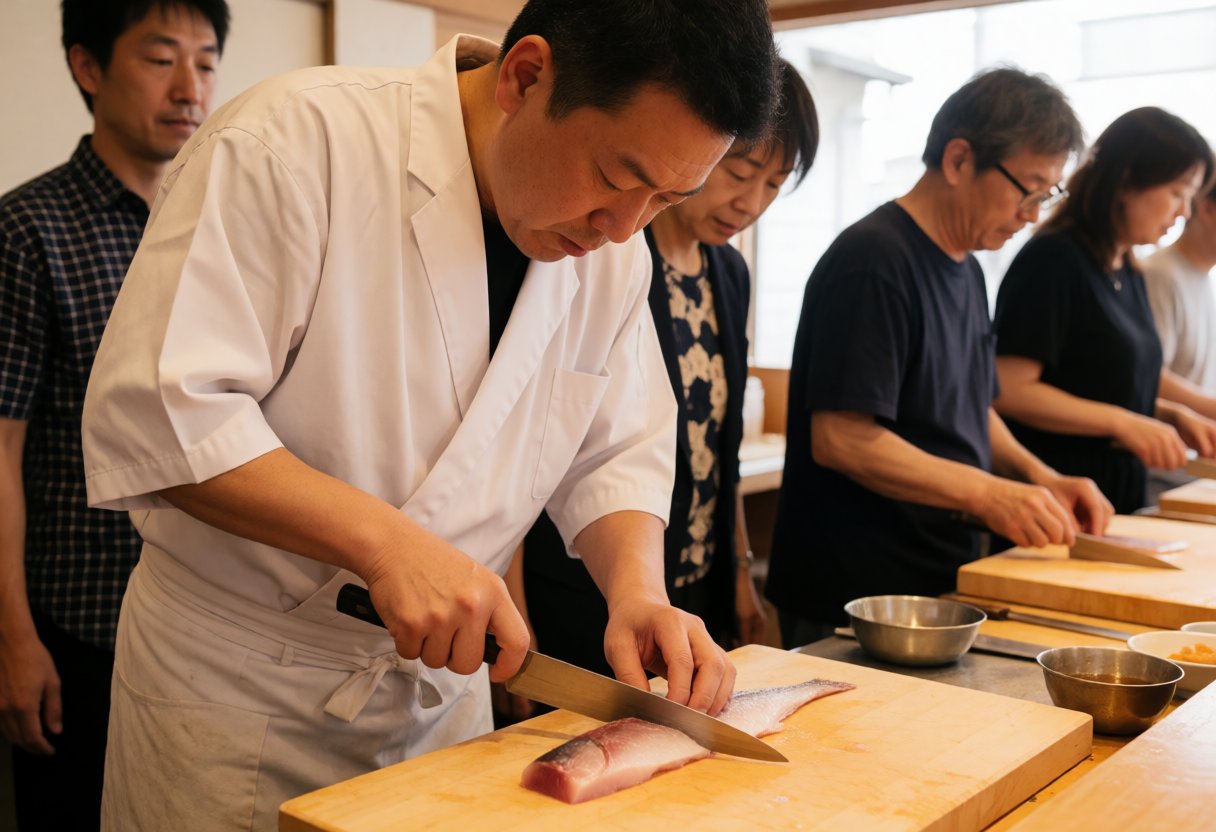 鮮魚を切り分ける板前