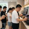 無人カフェでドリンクを選んでいる客