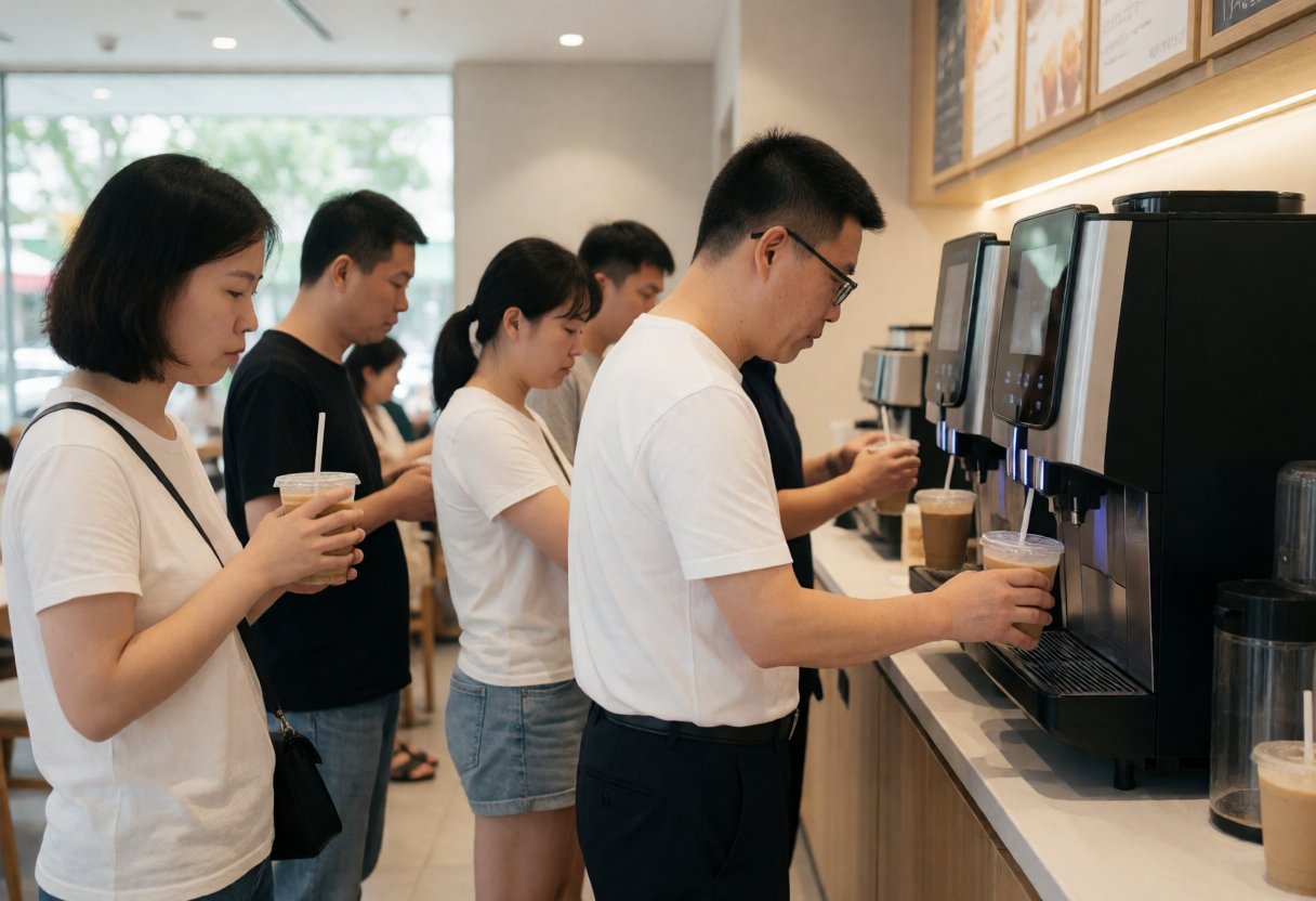 無人カフェでドリンクを選んでいる客