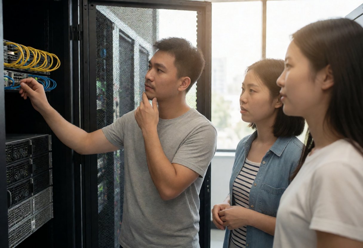 データセンターのサーバーラックを確認する技術者