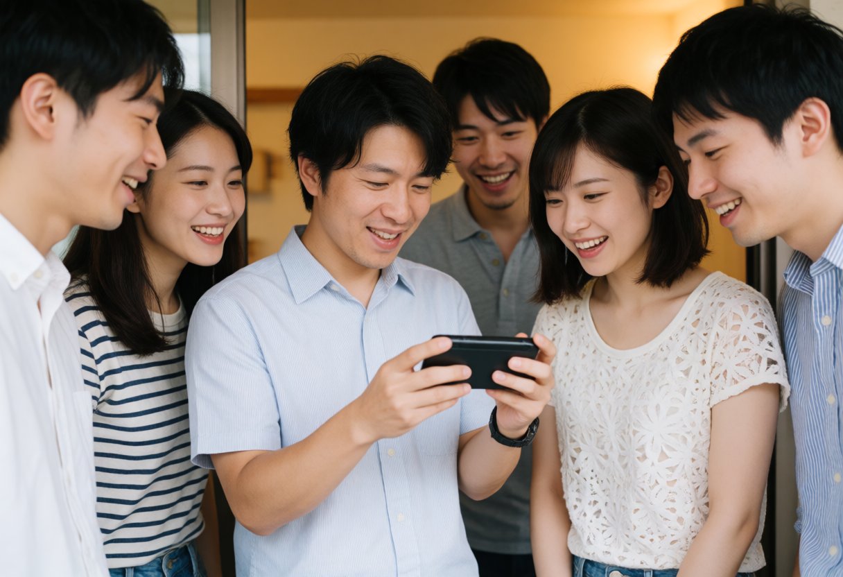 友達が新しいガジェットを見つめる