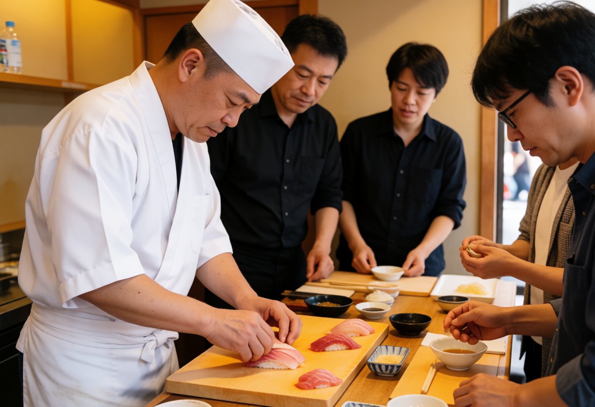 寿司職人が刺身を丁寧に準備