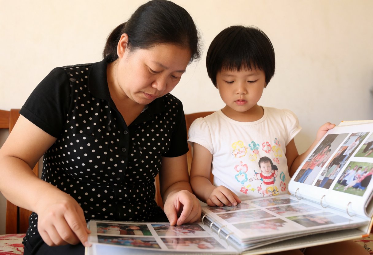 母親と子供が写真アルバムをめくっている