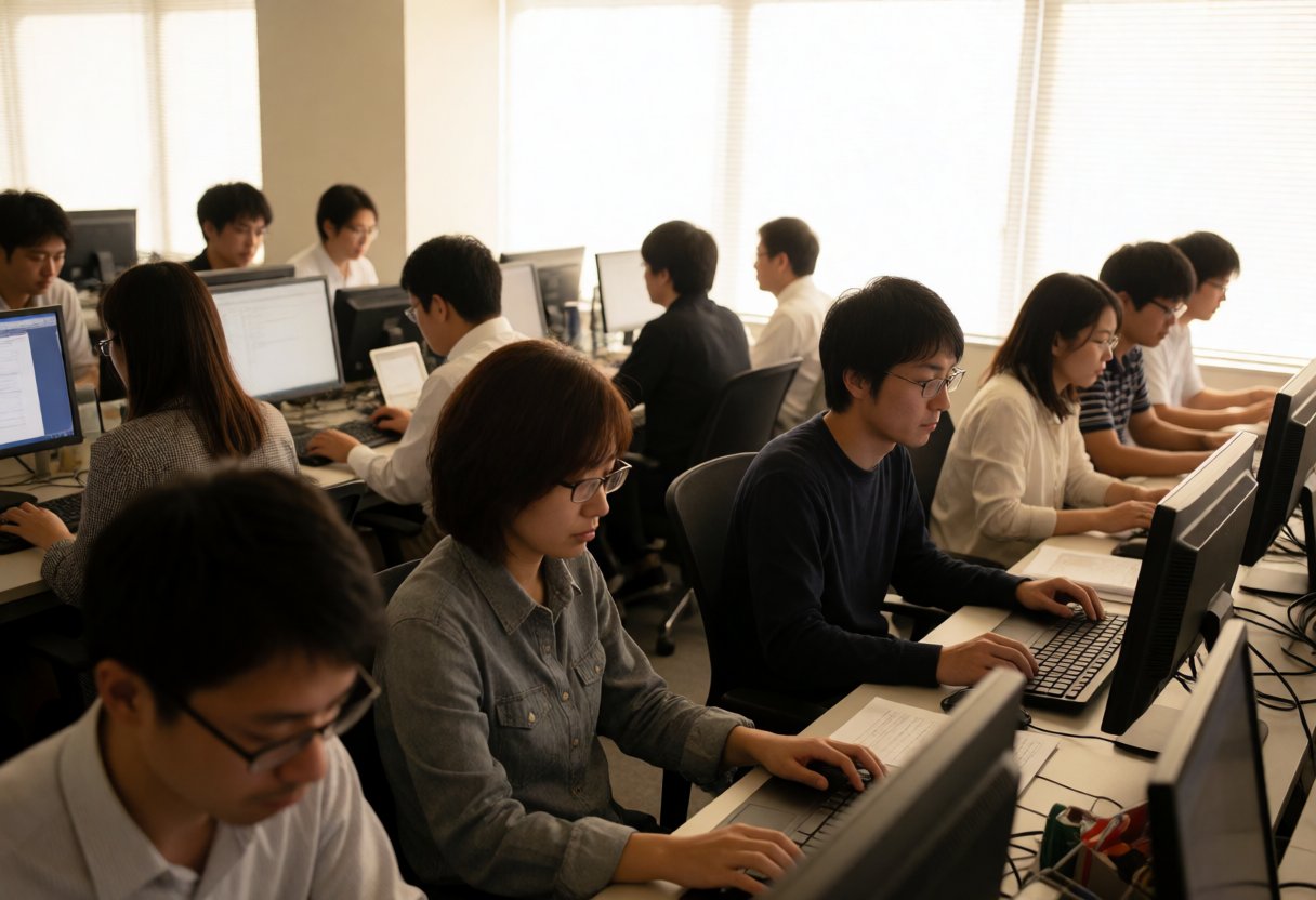 日本のオフィスで夜遅くまで働くエンジニアグループ