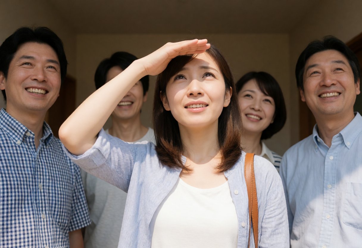 女性が空を見上げて首を傾げる