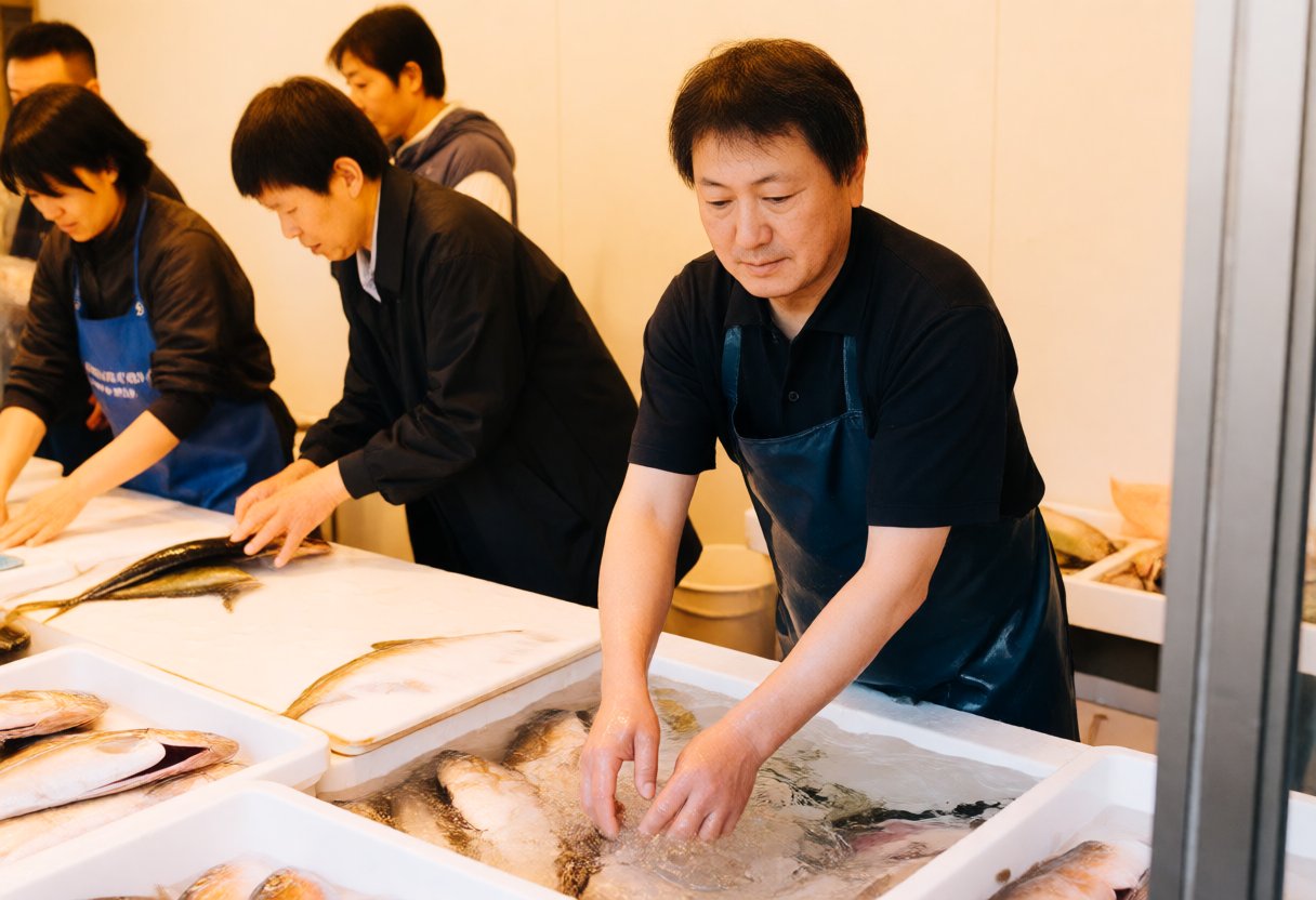 魚屋さんが海水で魚を洗う