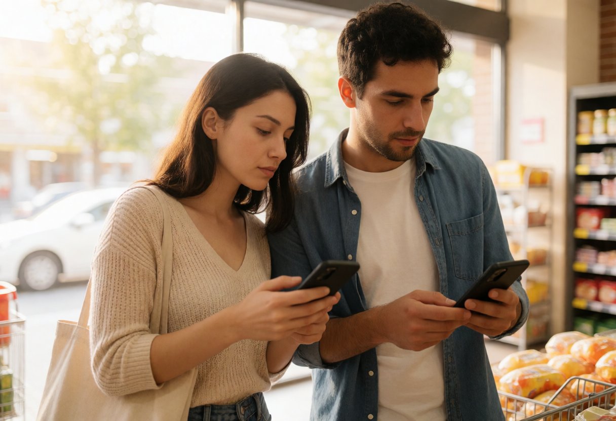 若い夫婦がスーパーマーケットで値段を比較している