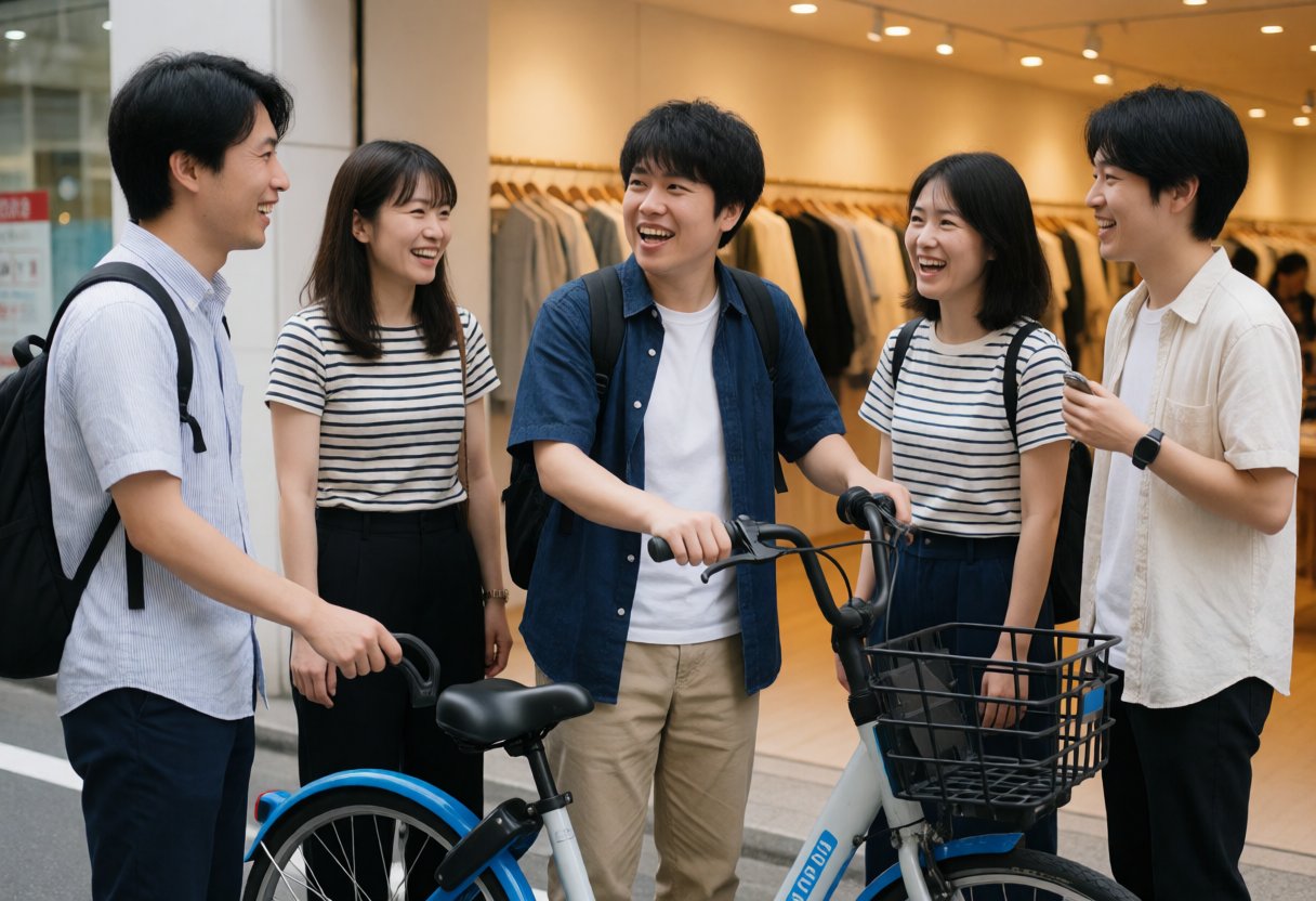 戸惑う表情で自転車を返却する人