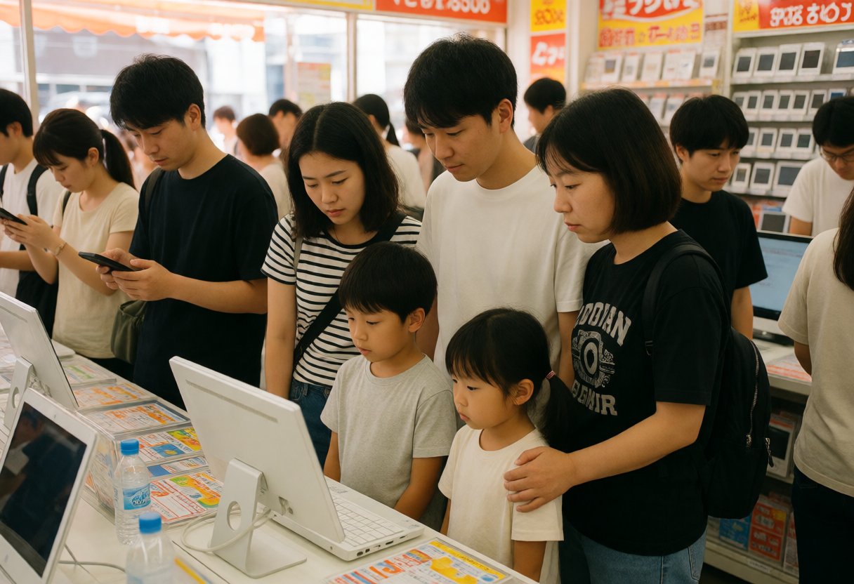 電子機器店で購入を迷う家族