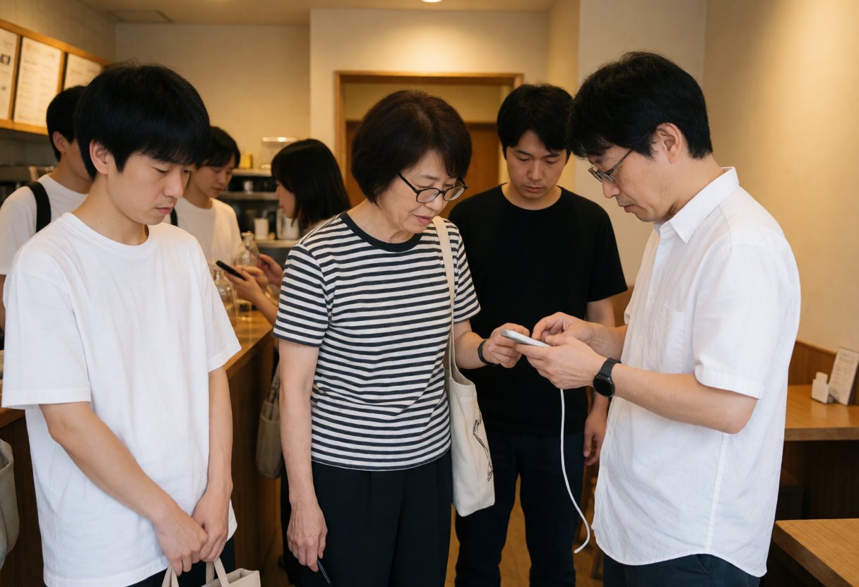無人カフェの電源とWi-Fiを確認する客