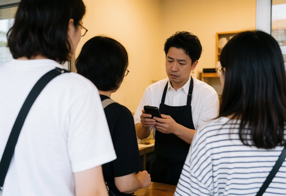 居酒屋のスタッフがQRコードシステムを確認