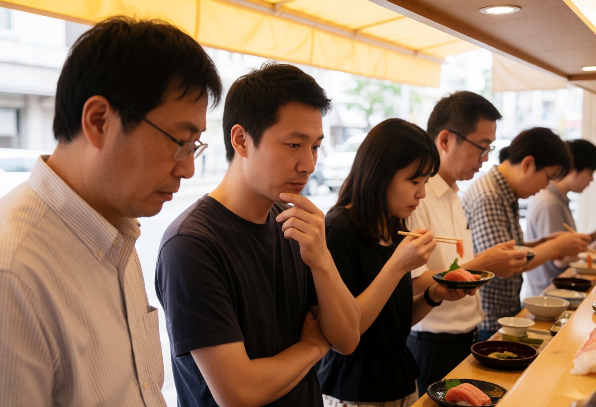 寿司店で刺身の味を比較する客
